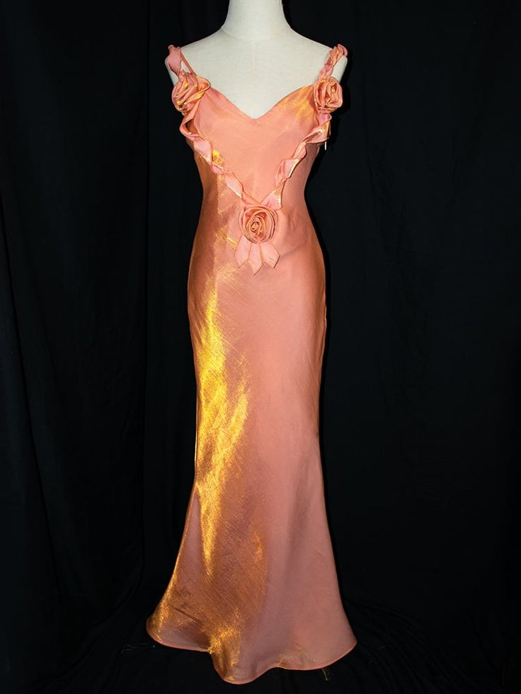 Charming Peach Pink Floral V-Neck Evening Gown Vintage Mermaid Prom Dress