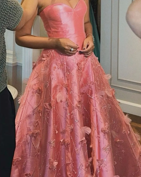 Gorgeous Pink Sweetheart Neck Satin Sequin Appliques Long Prom Dress Birthday Party Dress
