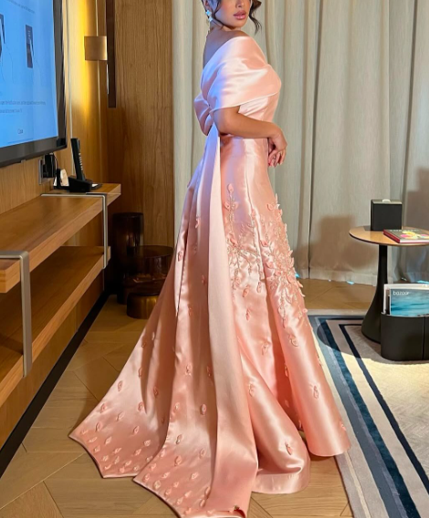 Chic Off-the-Shoulder Satin Beaded Appliques Pink Long Party Dress Evening Gown - View 4 | FashionDia