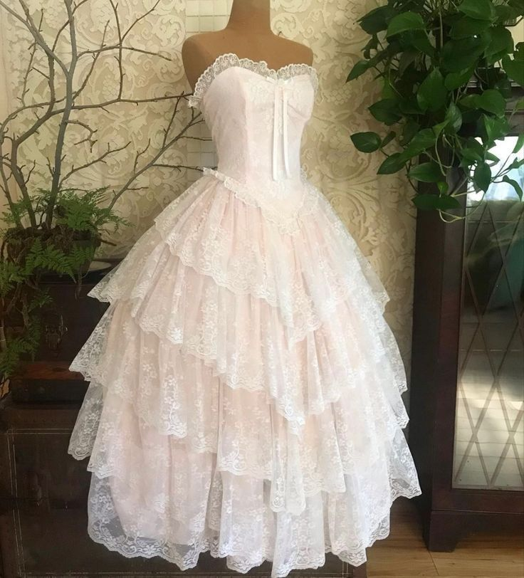 Classy Light Pink Lace Tiered A Line Ball Gown Wedding Dress