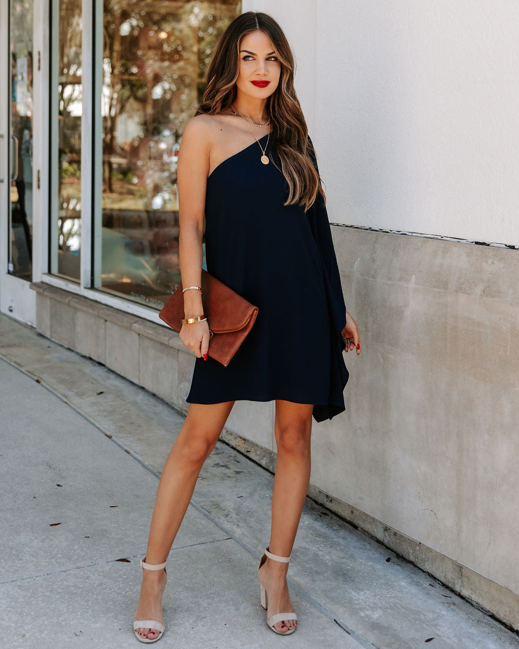 Side To Side One Shoulder Statement Dress Navy