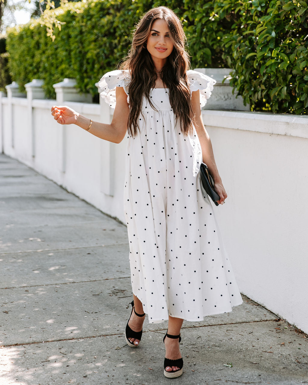 Edith Cotton Pocketed Polka Dot Midi Dress White