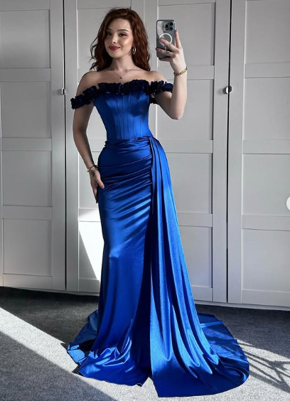 Blue Off The Shoulder Mermaid Evening Dress Formal Prom Dress Y7842 - View 7 | VelvetHem