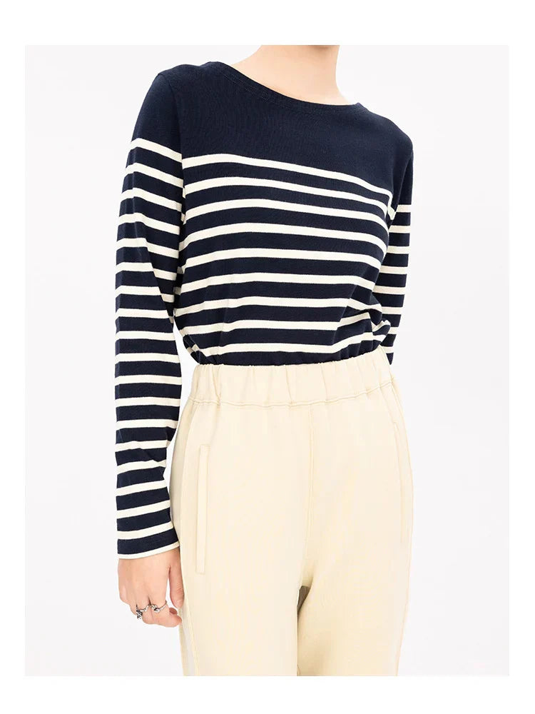 Long Sleeve Striped Combed Cotton TShirt for Women