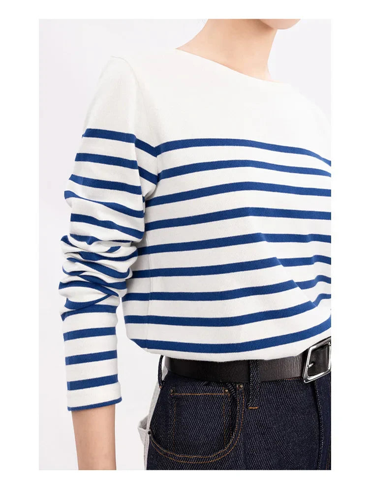 Long Sleeve Striped Combed Cotton TShirt for Women