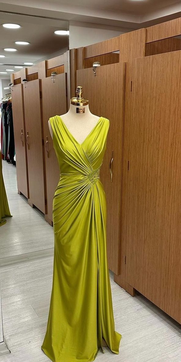 Elegant V Neck Satin Pleated Mustard Green Mermaid Long Wedding Guest Dress Birthday Party Dress