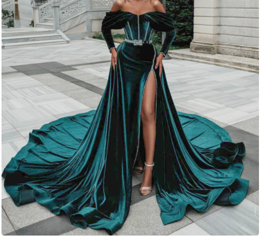 Green velvet dress, evening gowns,African prom and wedding dress,Wedding reception dress