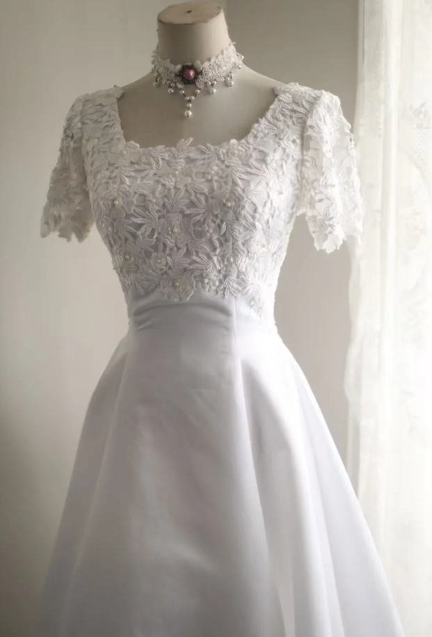 Classy Lace Appliques Satin A-Line White Long Wedding Dress - View 3 | FashionDia
