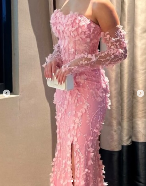 Elegant Pink Strapless Tulle Appliques Beaded Slit Mermaid Evening Dress Long Party Dress - View 3 | FashionDia