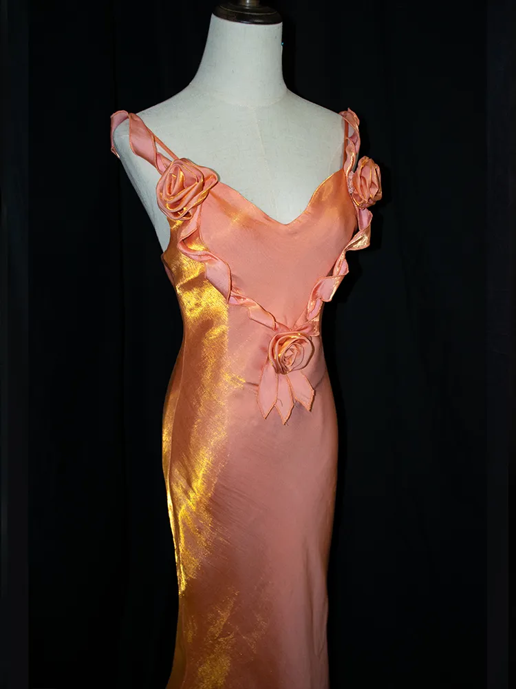 Charming Peach Pink Floral V-Neck Evening Gown Vintage Mermaid Prom Dress - View 2 | FashionDia