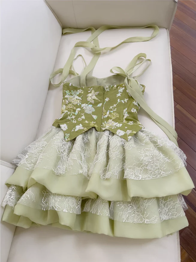 Pretty Green Satin Lace Short homecoming Dress Birthday Outfits - View 5 | FashionDia