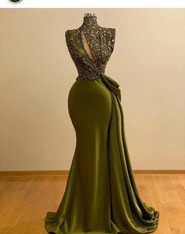 Green Crystal Beaded Vintage Mermaid Prom Dresses High Neck Evening Gown Saudi Arabic Long Formal Party Gown - View 2 | FashionDia