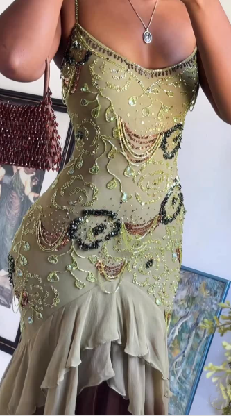 Classy Spaghetti Strap Sage Green Chiffon Beaded Mermaid Evening Dress Long Birthday Party Dress With Scarf - View 6 | FashionDia
