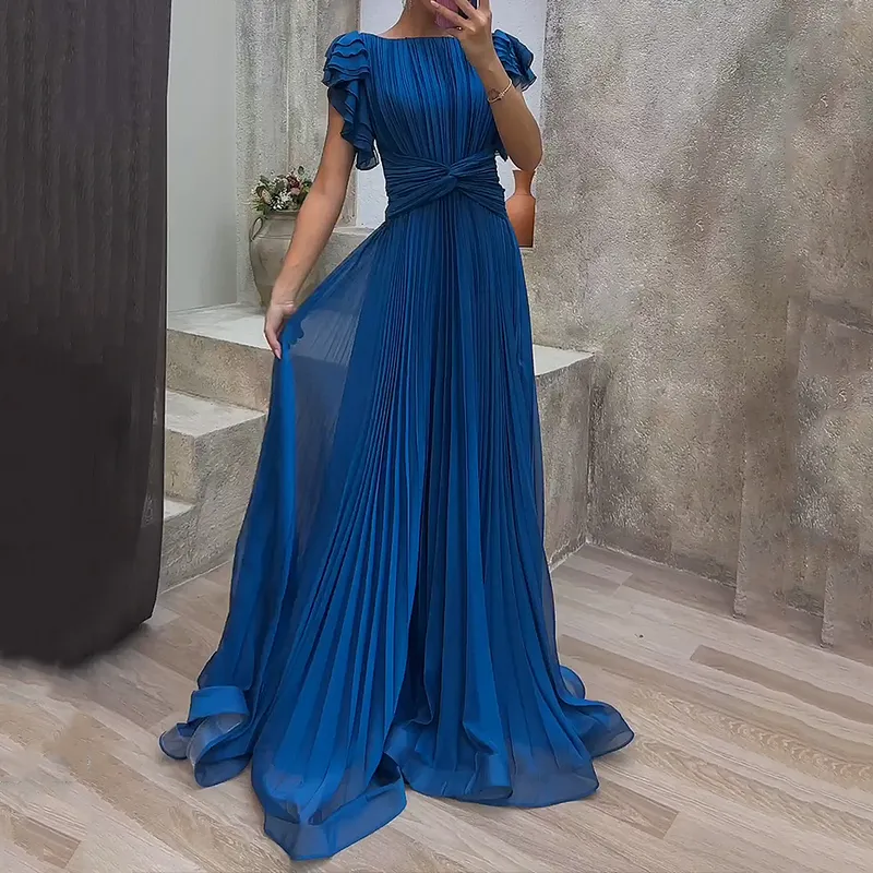 Women's Elegant Simple Maxi Dress, Ruffled Short Sleeve Pleated Slim Dress,Summer Prom Dress