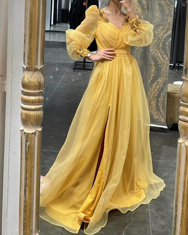 Puff Sleeves V Neck Tulle Slit Evening Dress Y5793 - View 2 | VelvetHem