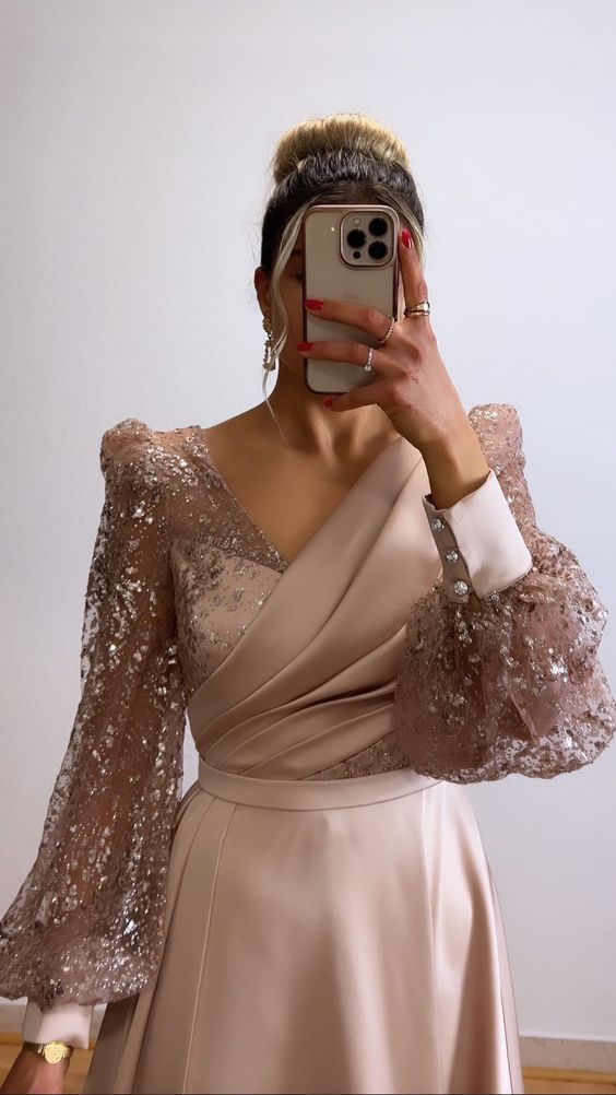 Champagne Evening Dress For Wedding Party V-Neck Satin Glitter Prom Dress Long Puffy Sleeves - FashionDia