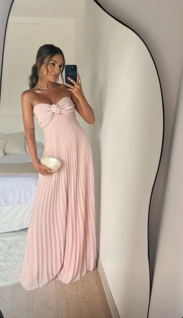 Cute Pink Long Prom Dress A Line Pleated Formal Party Gown