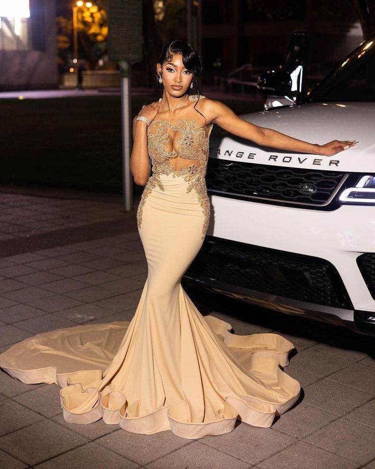 Beautiful Long Champagne Mermaid Sleeveless Beading Evening Dress With Lace - FashionDia