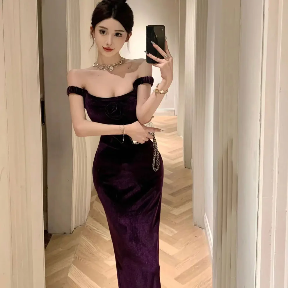 Purple Elegant Off-the-Shoulder Mermaid Evening Dress,Velvet Slit Mermaid Party Prom Dress - View 4 | FashionDia