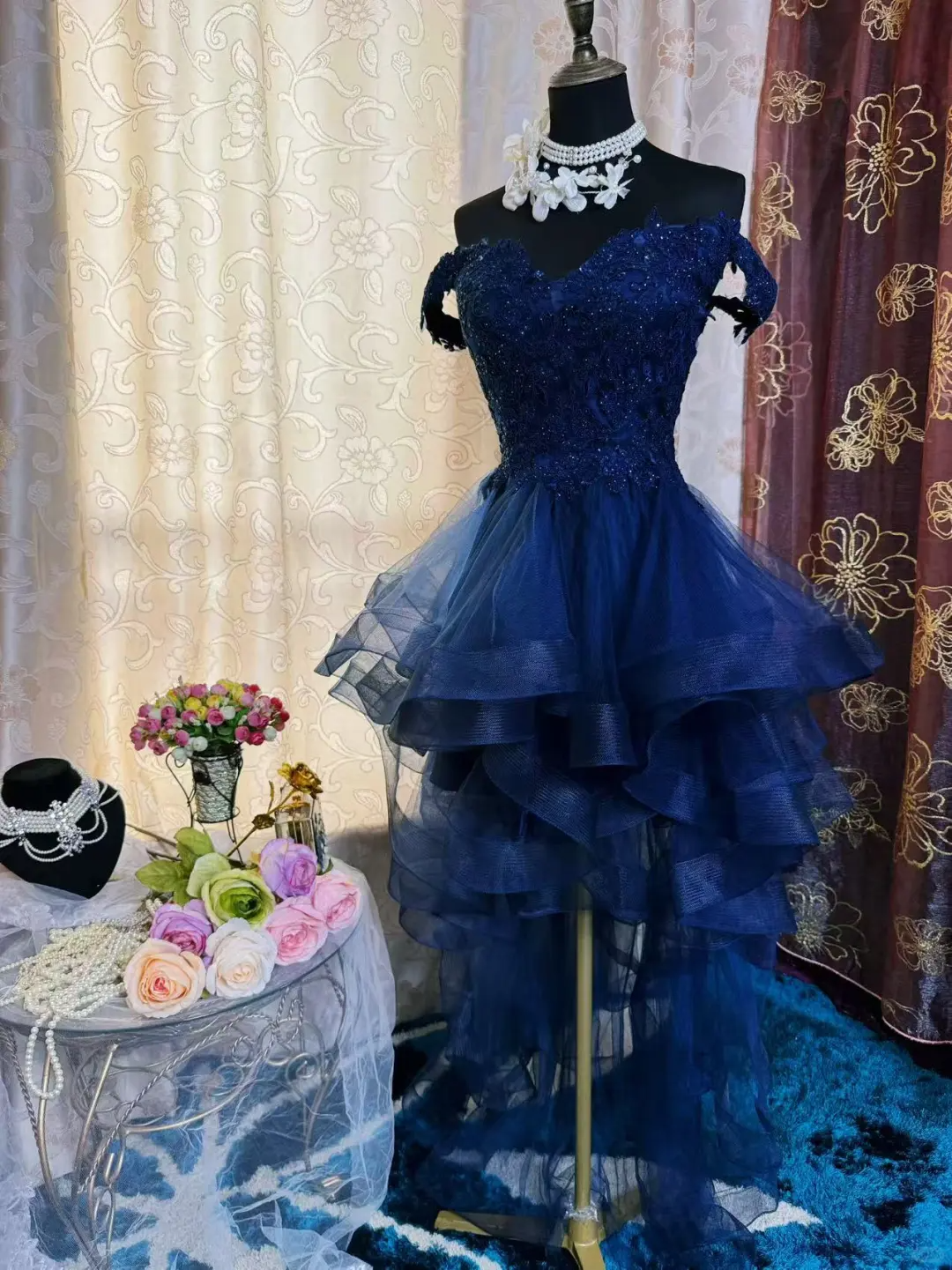 Vintage Navy Blue Tulle Appliques A-Line Short Homecoming Dress Off-the-Shoulder 19th Birthday Outfits - View 2 | FashionDia