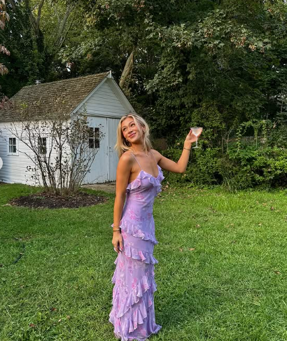 Elegant Purple Chiffon Print Floral Evening Dress,Ruffle Long Party Prom Dress