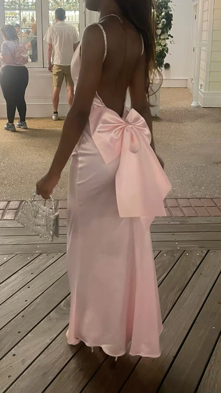 Charming Pink Beaded Spaghetti Straps Prom Dress With Bow Mermaid Backless Party Dress - View 3 | FashionDia