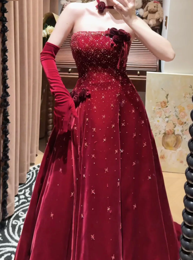 Pretty Burgundy Strapless Velvet Beaded Long Birthday Party Dress Evening Dress - View 2 | FashionDia