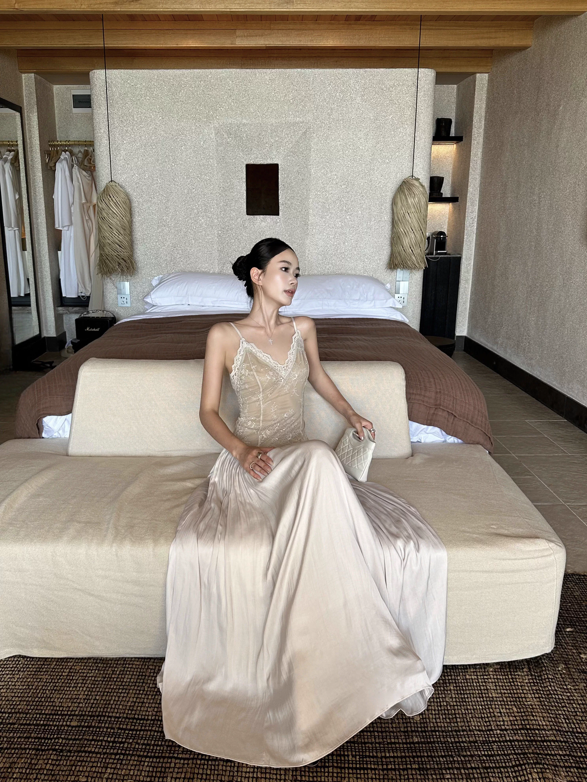 Unique Apricot Spaghetti Straps V-Neck Lace Satin A-Line Long Evening Dress Party Gown - View 2 | FashionDia