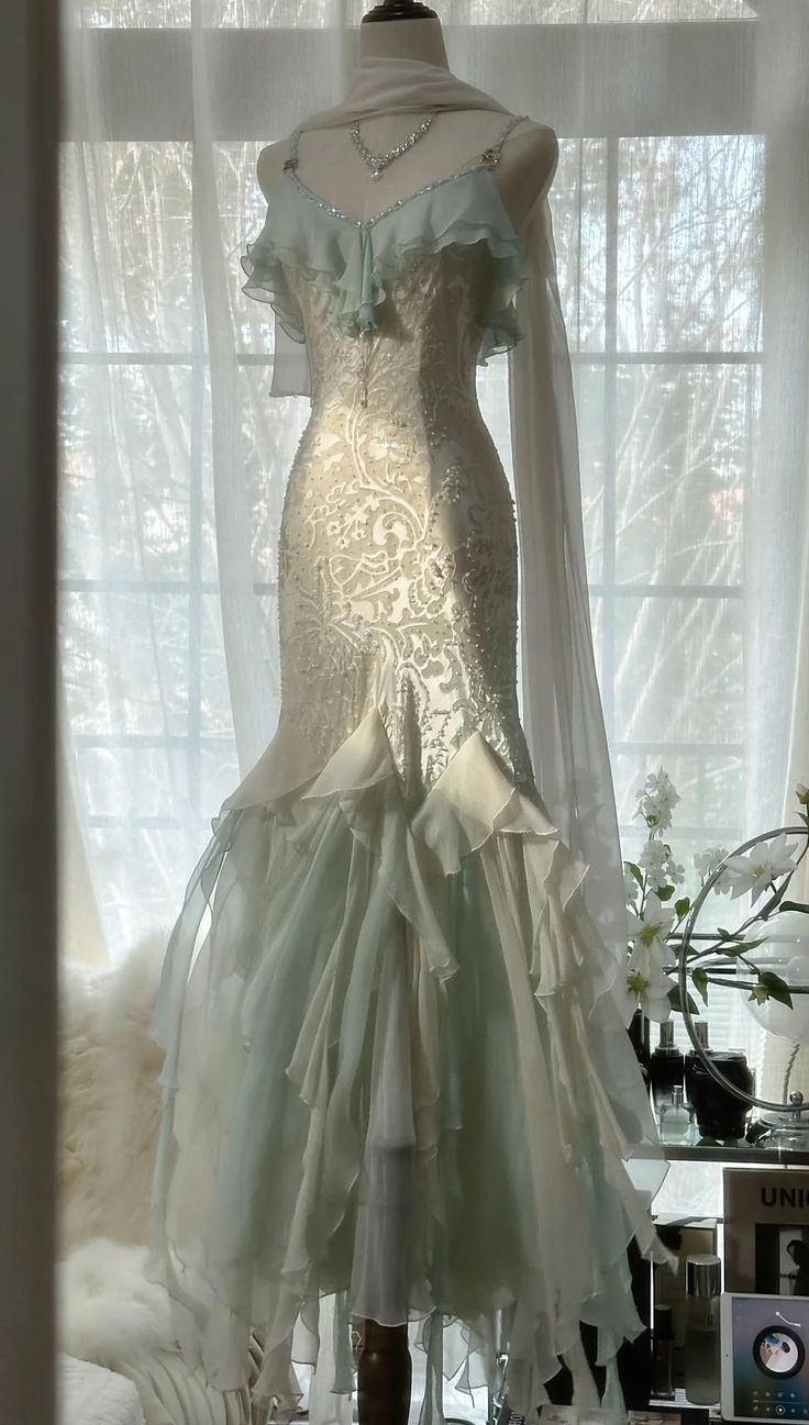 Classy Mint Green Temperament Mermaid Spaghetti Strap Chiffon Beaded Evening Dress Formal Prom Dress Y8546 - View 3 | VelvetHem