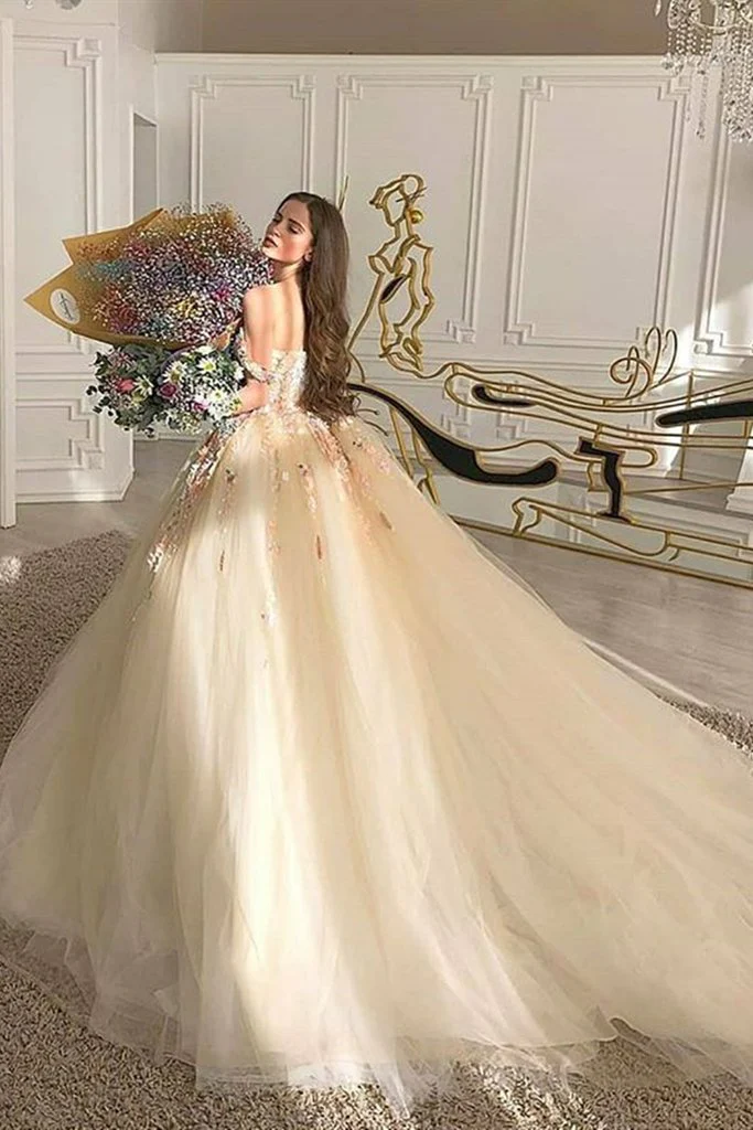 Gorgeous Off-the-Shoulder Champagne Lace Floral Prom Dress, Long 3D Flower Champagne Formal Evening Dress, Champagne Ball Gown - View 2 | FashionDia