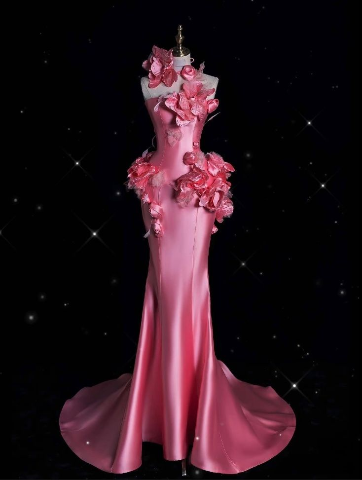 Elegant Pink Satin 3D Flowers Mermaid Evening Dress,Long Party Prom Dress