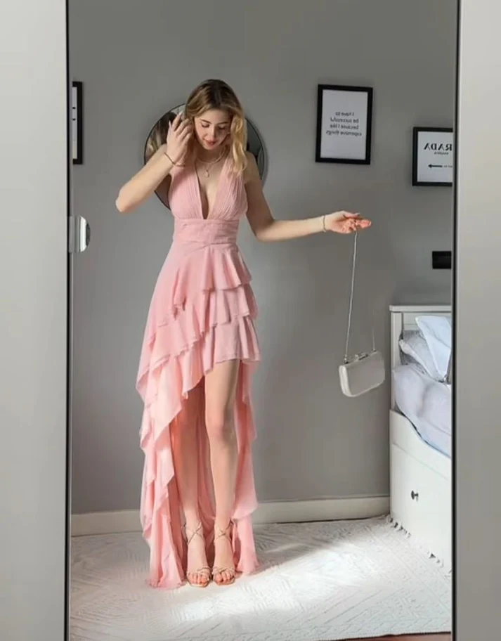 Pink Deep V Chiffon Ruffle Tiered Prom Dress Formal Party Evening Dress