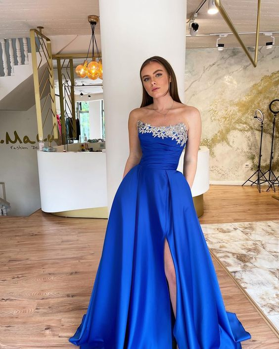 Royal Blue A-line High Slit Prom Dress Royal Blue Evening Dress Y6221 - View 2 | VelvetHem