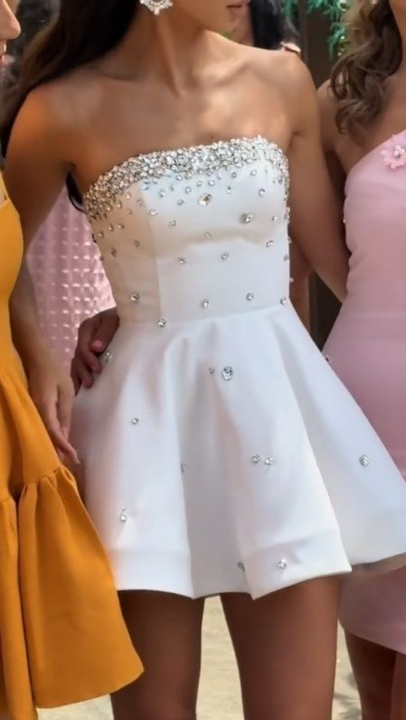 Gorgeous White Strapless Satin Beaded A Line Birthday Outfits Graduation Homecoming Dress