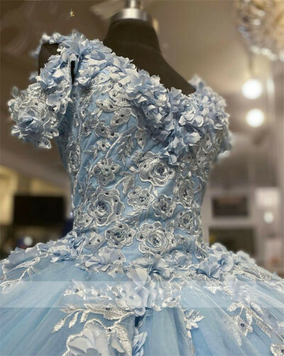 Baby Blue Off Shoulder Quinceanera Dresses Beaded 3D Flowers Ball Gown Sweet 16 Dress
