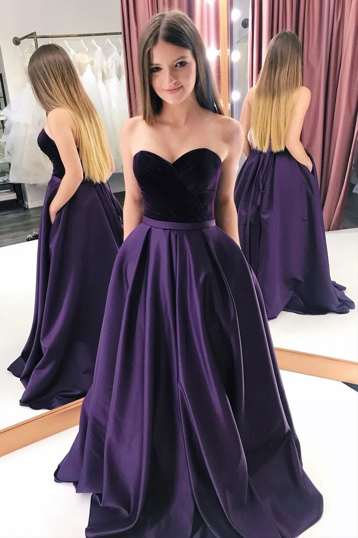 A-Line Purple Velvet Satin Sweetheart Long Prom Dresses With Pockets - FashionDia