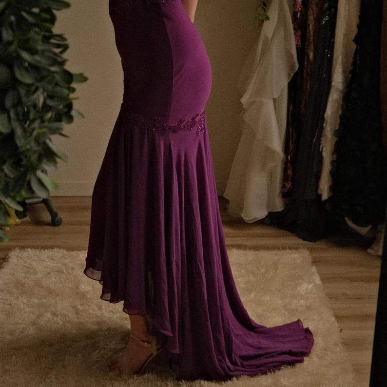 Newest Plum Purple Spaghetti Straps Prom Dress Spaghetti Straps Chiffon Appliques Party Evening Gown - View 7 | FashionDia