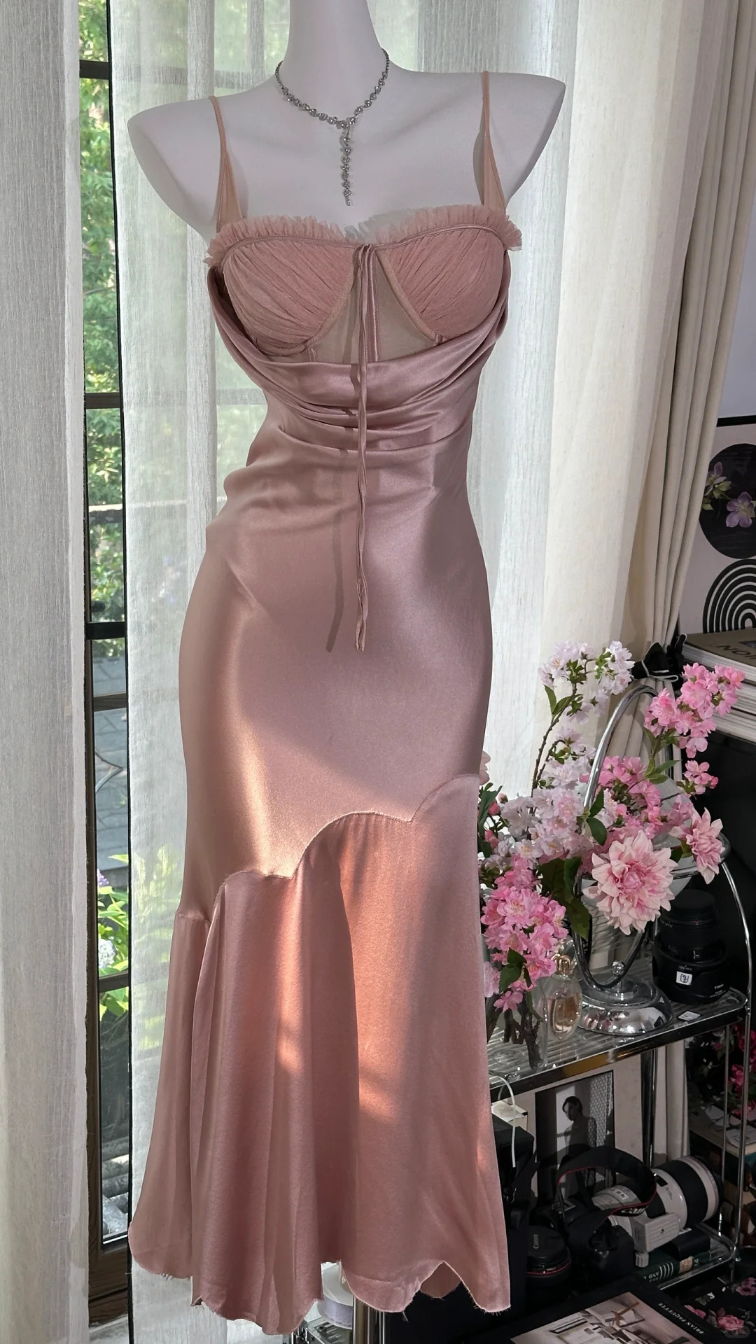 Elegant Spaghetti Straps Sweetheart Neck Pink Satin Mermaid Party Dress Long Birthday Prom Gown - FashionDia