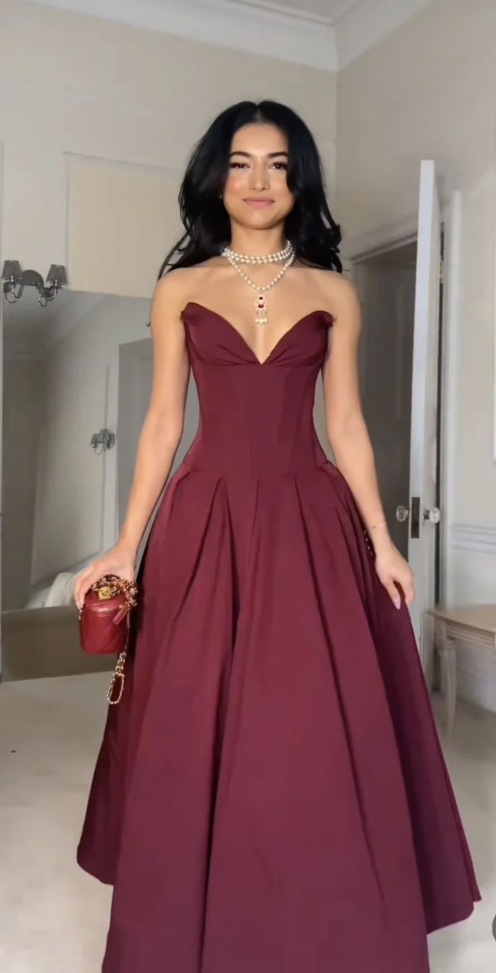 Burgundy Strapless Satin A-Line Prom Dress Formal Evening Dress - FashionDia