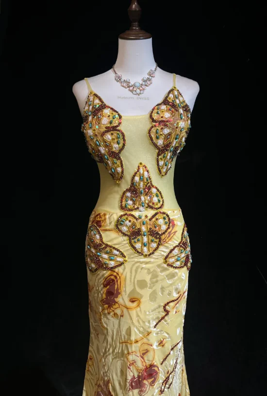 Gorgeous Yellow Spaghetti Straps Satin Beaded Mermaid Party Dress Long Prom Gown - View 2 | FashionDia