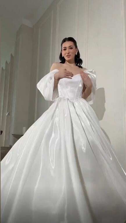Elegant Off The Shoulder White Tulle Satin Long Party Dress Birthday Evening Dress D4753