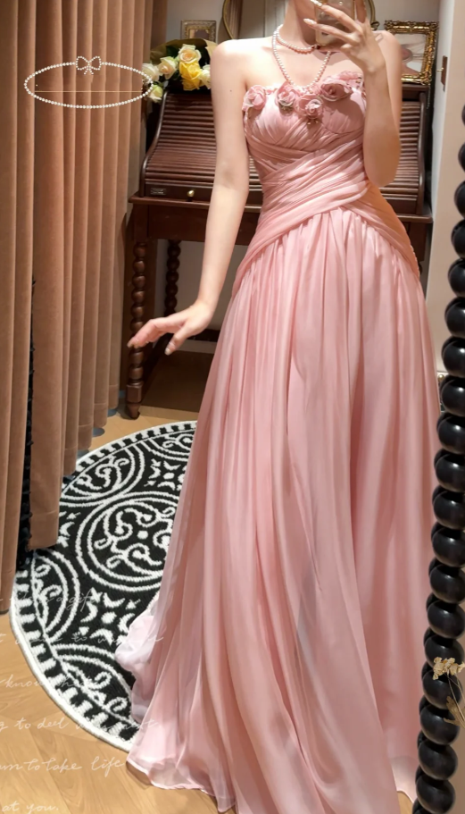 Pretty Flowers Strapless Pink Chiffon Mermaid Evening Dress Prom Gown Long Wedding Guest Dress
