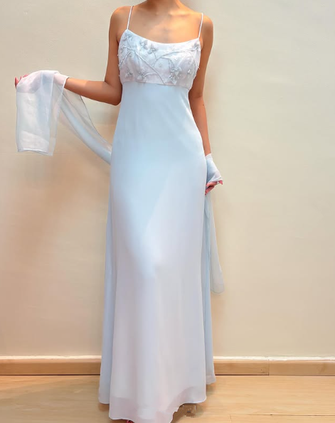 Pretty Light Blue Chiffon Applique Evening Dress,Straps Party Prom Gown