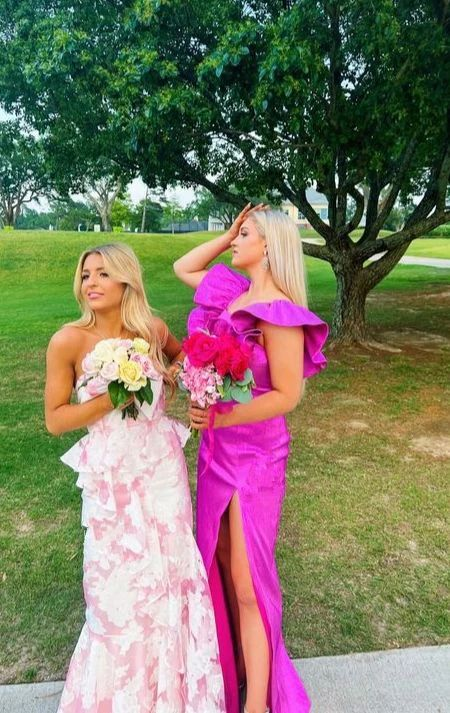Classy Pink Mermaid Print Floral Evening & Prom Dress - View 2 | FashionDia