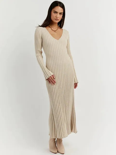 Inaki Chic Midi Dress with a Ribbed V-neck for Women Stylish Outfit