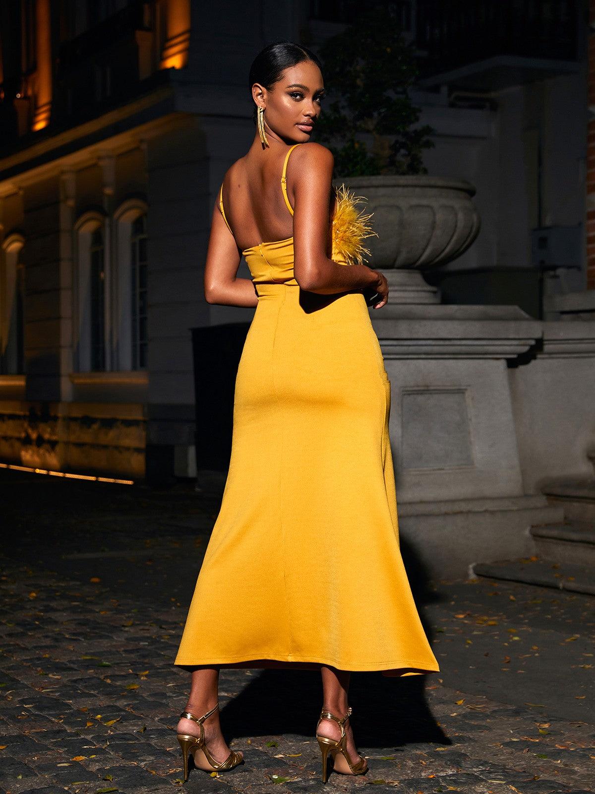 Effy Spaghetti Feather Maxi Dress In Yellow
