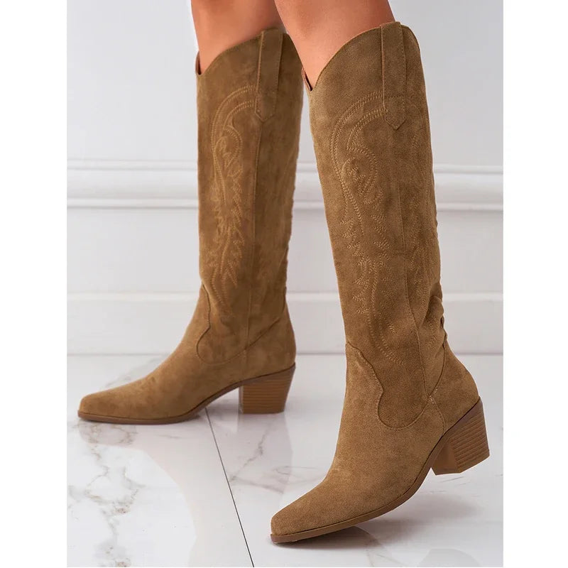 Retro Pointed Toe Spring Autumn Fashion Embroidery Square Heels Party Dress Knee High Boots - View 2 | VelvetHem