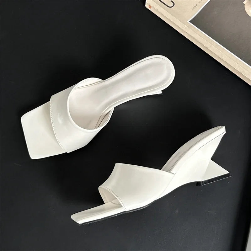 New Design Concise Wedges Highs Slippers Square Toe Party Dress Slides Summer Shoes Low Heel Pumps - VelvetHem