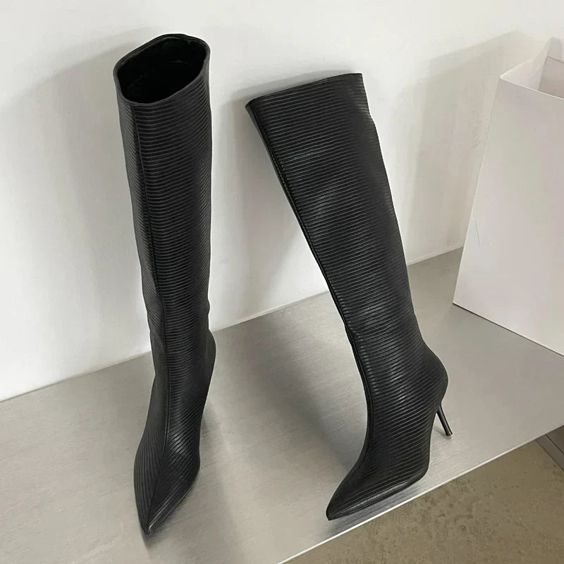 Design Pointed Toe Party Dress Street Style Thin Low Heels Knee High Boots - View 6 | VelvetHem