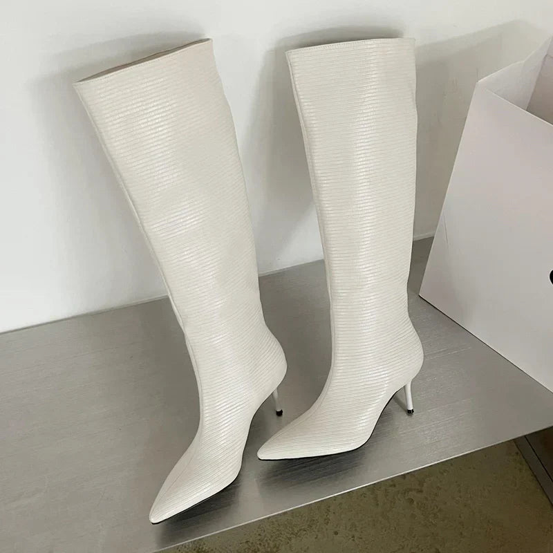 Design Pointed Toe Party Dress Street Style Thin Low Heels Knee High Boots - View 4 | VelvetHem